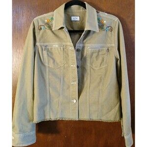 ITW by Claude Brown Women's Green Denim Jacket Size SM Embroidered & Beaded Boho